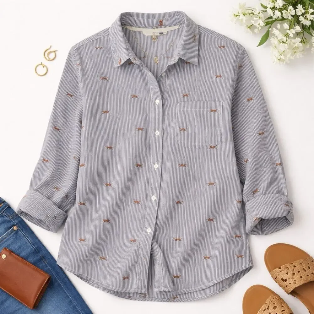 Old Navy The Classic Shirt Womens XL Blue White Striped Fox Print Preppy Top - Picture 2 of 12